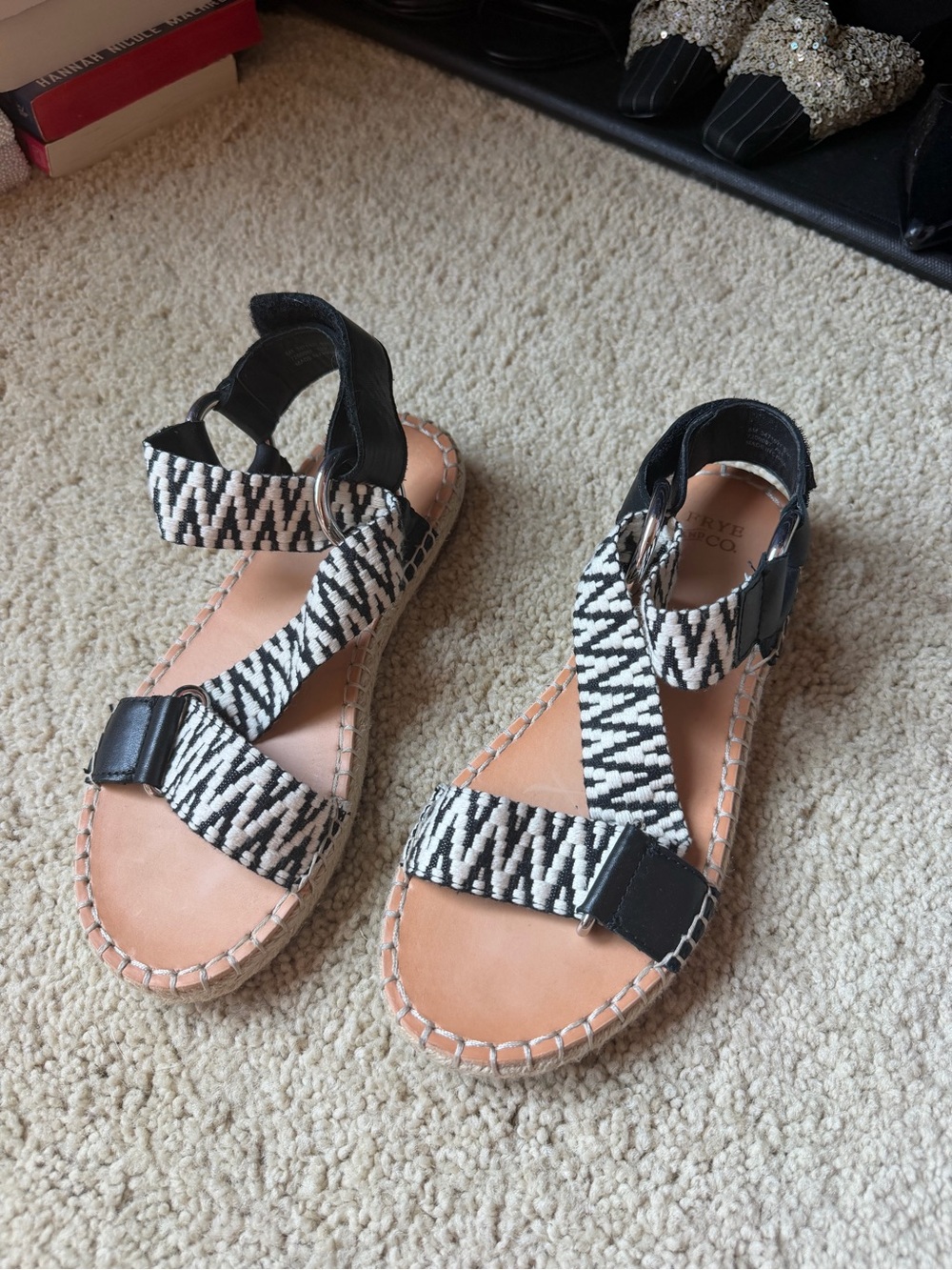 Frye Black & White Woven Espadrille Sandals